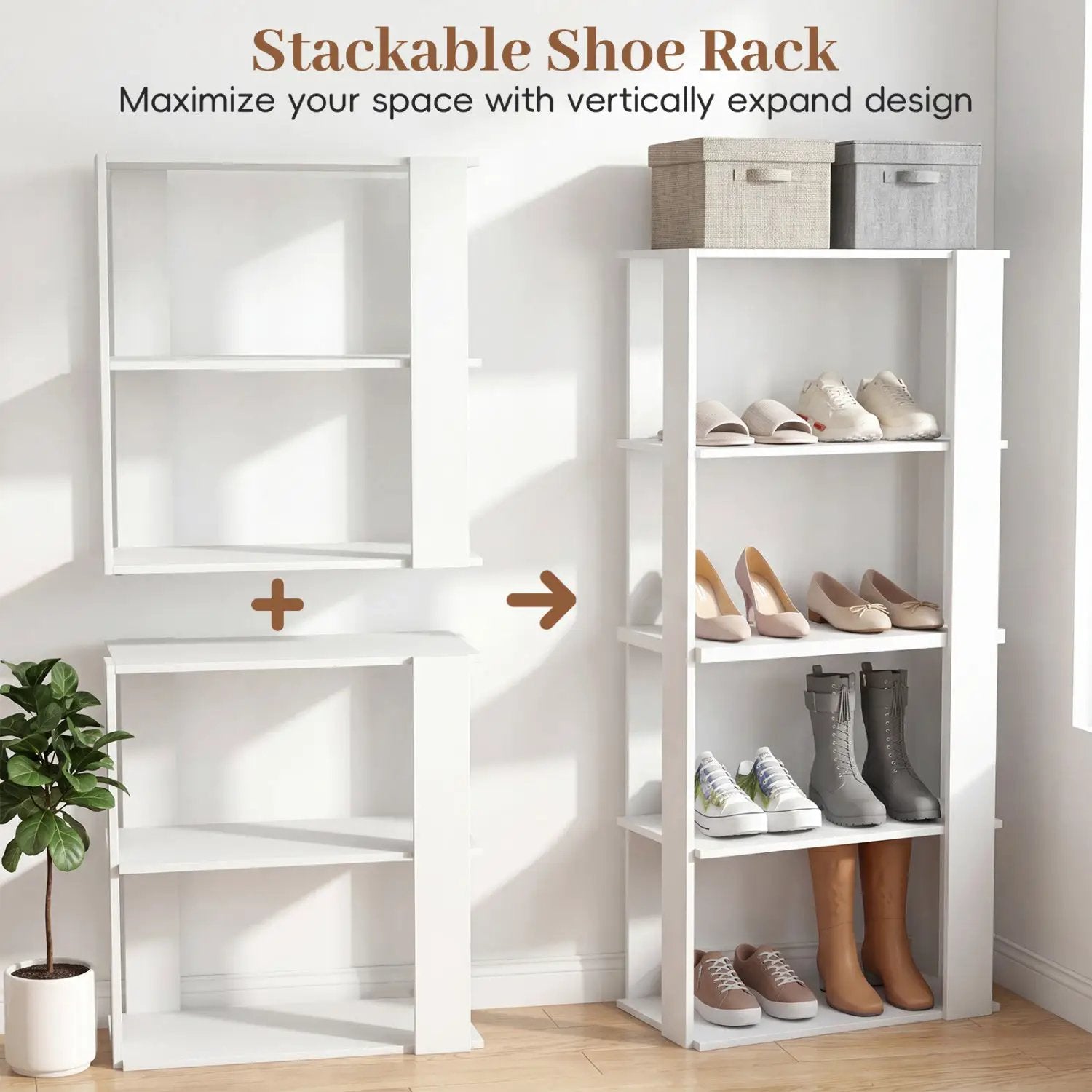 3-Tier Stackable Shoe Rack with Anti-Tip Design - White by DirectDeals