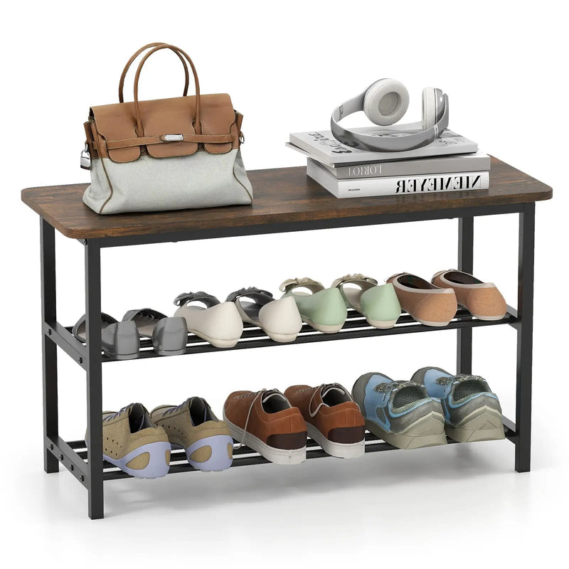 3-Tier Shoe Rack Shoe Bench with Metal Slat Shelves and Long Wooden Seat-Rustic Brown by DirectDeals