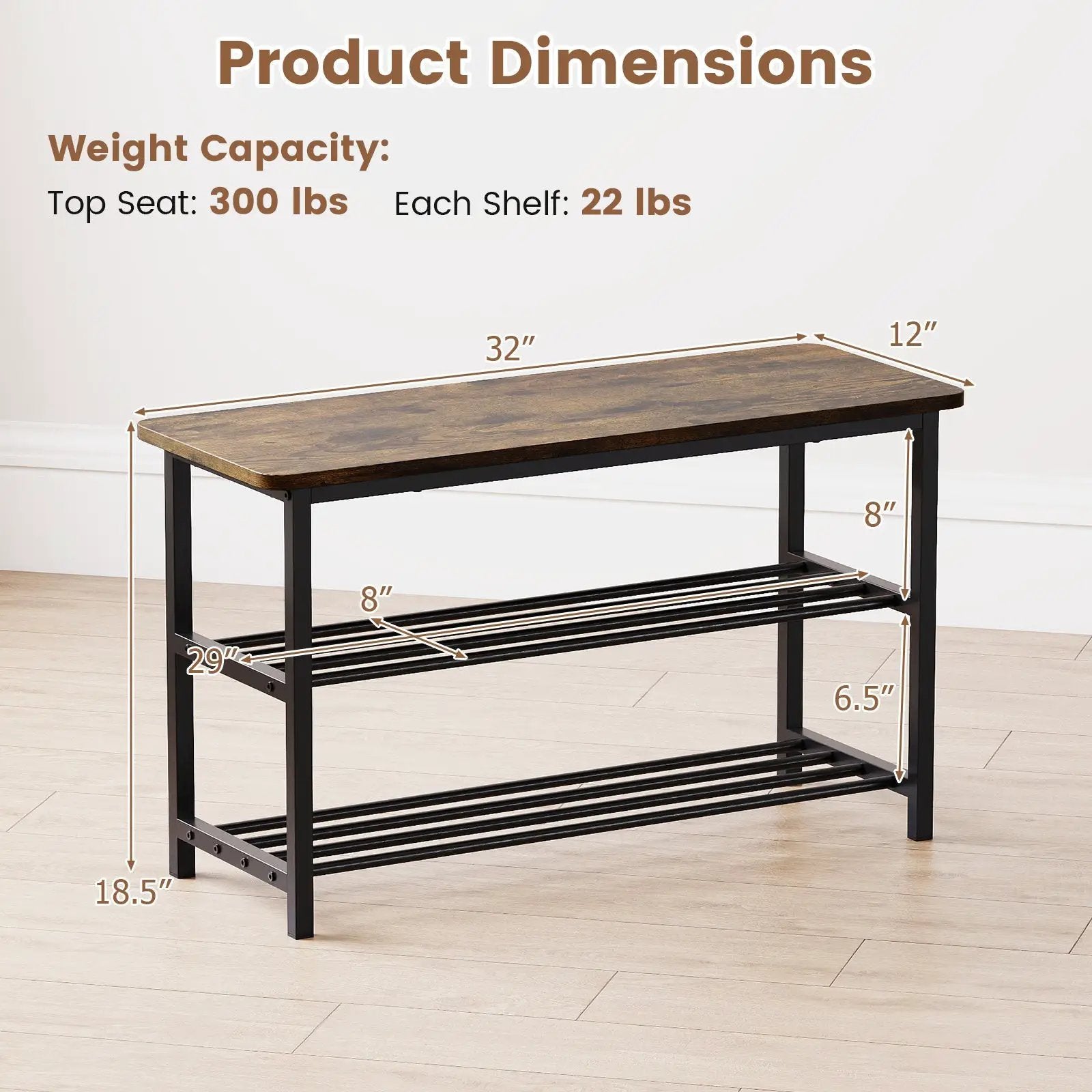 3-Tier Shoe Rack Shoe Bench with Metal Slat Shelves and Long Wooden Seat-Rustic Brown by DirectDeals
