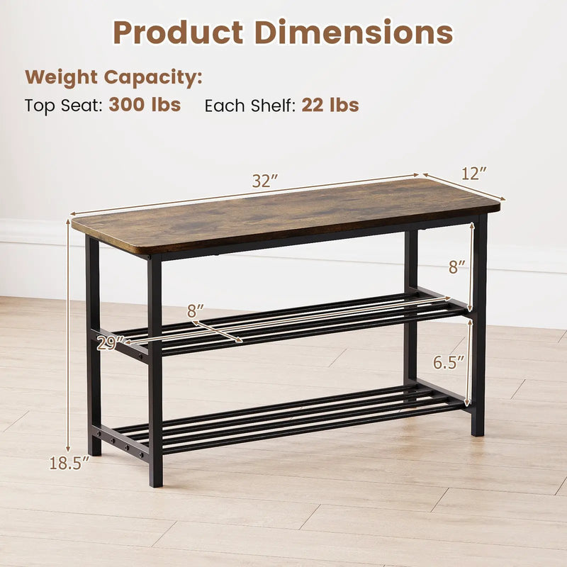 3-Tier Shoe Rack Shoe Bench with Metal Slat Shelves and Long Wooden Seat-Rustic Brown by DirectDeals