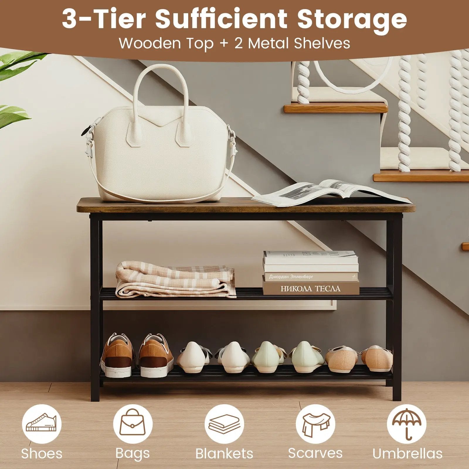 3-Tier Shoe Rack Shoe Bench with Metal Slat Shelves and Long Wooden Seat-Rustic Brown by DirectDeals
