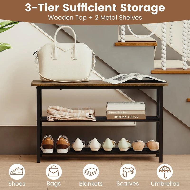 3-Tier Shoe Rack Shoe Bench with Metal Slat Shelves and Long Wooden Seat-Rustic Brown by DirectDeals