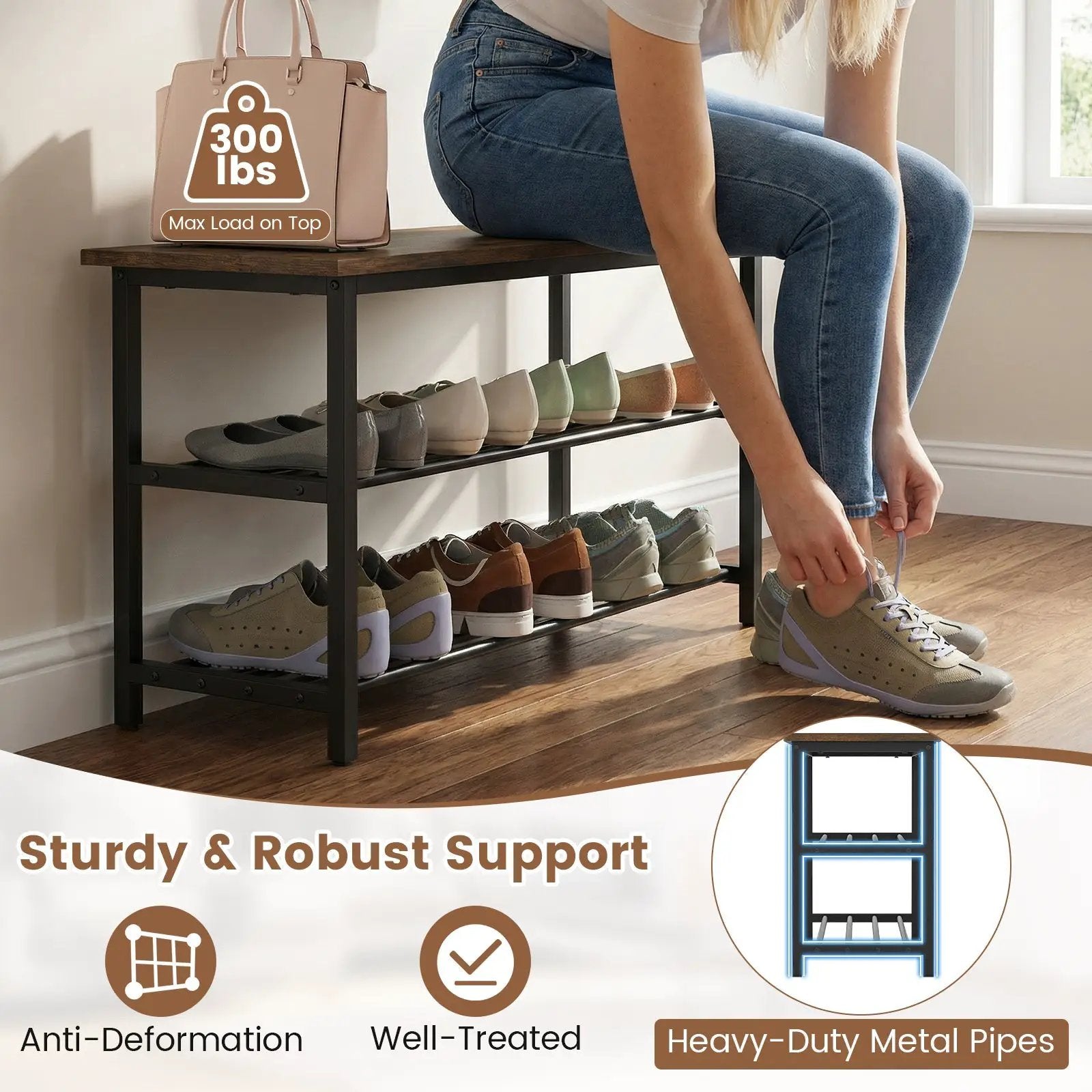 3-Tier Shoe Rack Shoe Bench with Metal Slat Shelves and Long Wooden Seat-Rustic Brown by DirectDeals