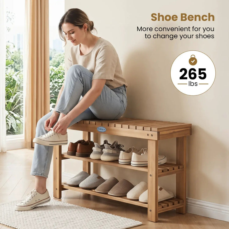 3-Tier Solid Wood Shoe Rack Bench with Slatted Shelves by DirectDeals