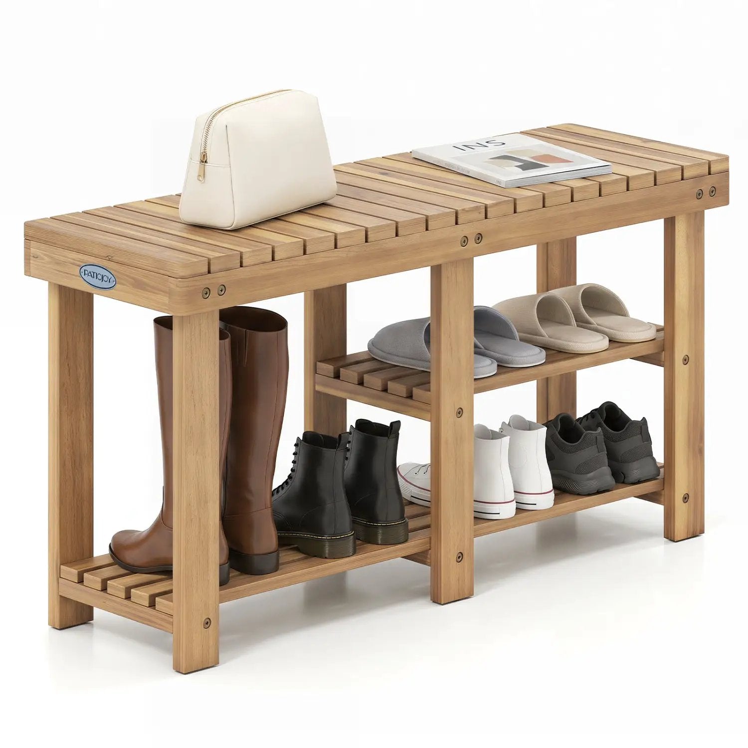 3-Tier Solid Wood Shoe Rack Bench with Slatted Shelves by DirectDeals