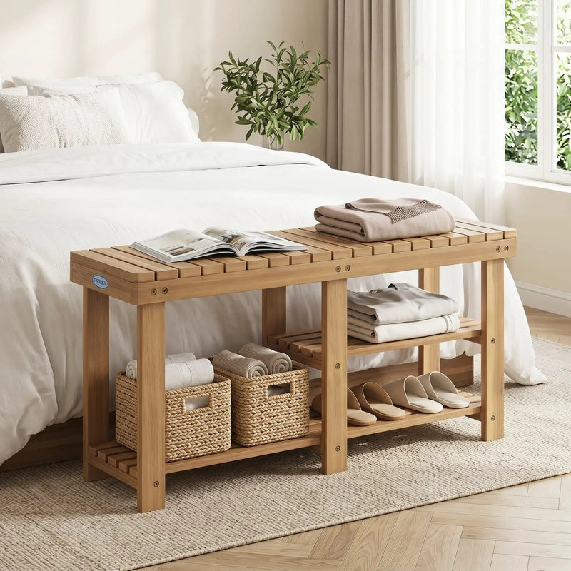 3-Tier Solid Wood Shoe Rack Bench with Slatted Shelves by DirectDeals