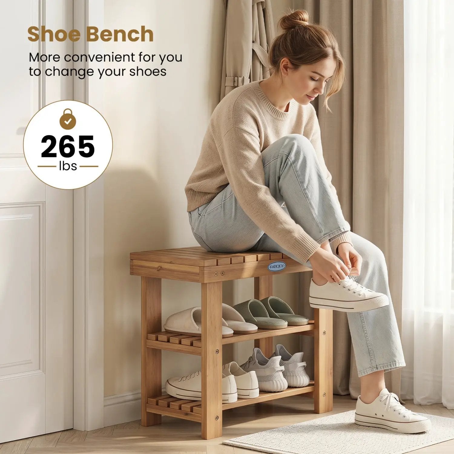 3-Tier Solid Wood Shoe Rack Bench with Slatted Shelves by DirectDeals