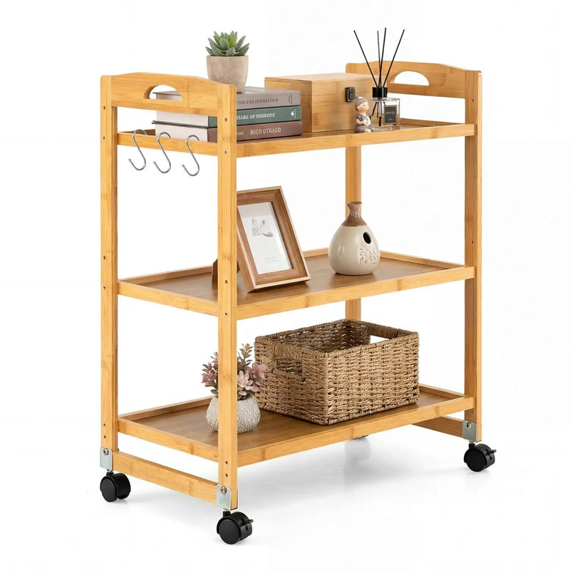 3-Tier Storage Rolling Cart Bamboo Utility Cart with 4 Universal Wheels by DirectDeals
