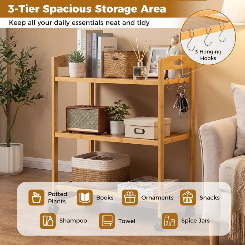 3-Tier Storage Rolling Cart Bamboo Utility Cart with 4 Universal Wheels by DirectDeals