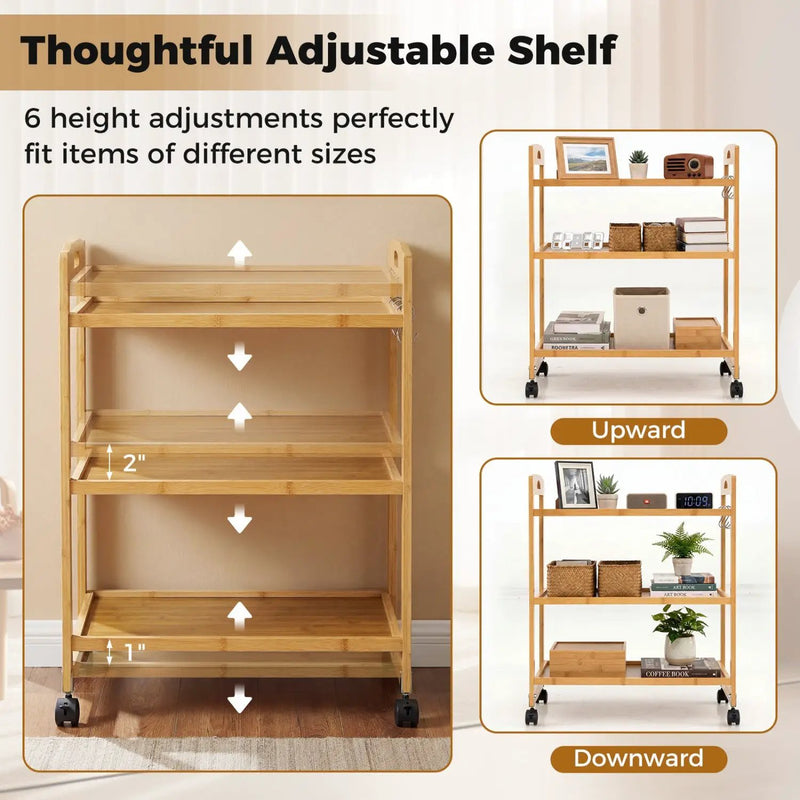 3-Tier Storage Rolling Cart Bamboo Utility Cart with 4 Universal Wheels by DirectDeals