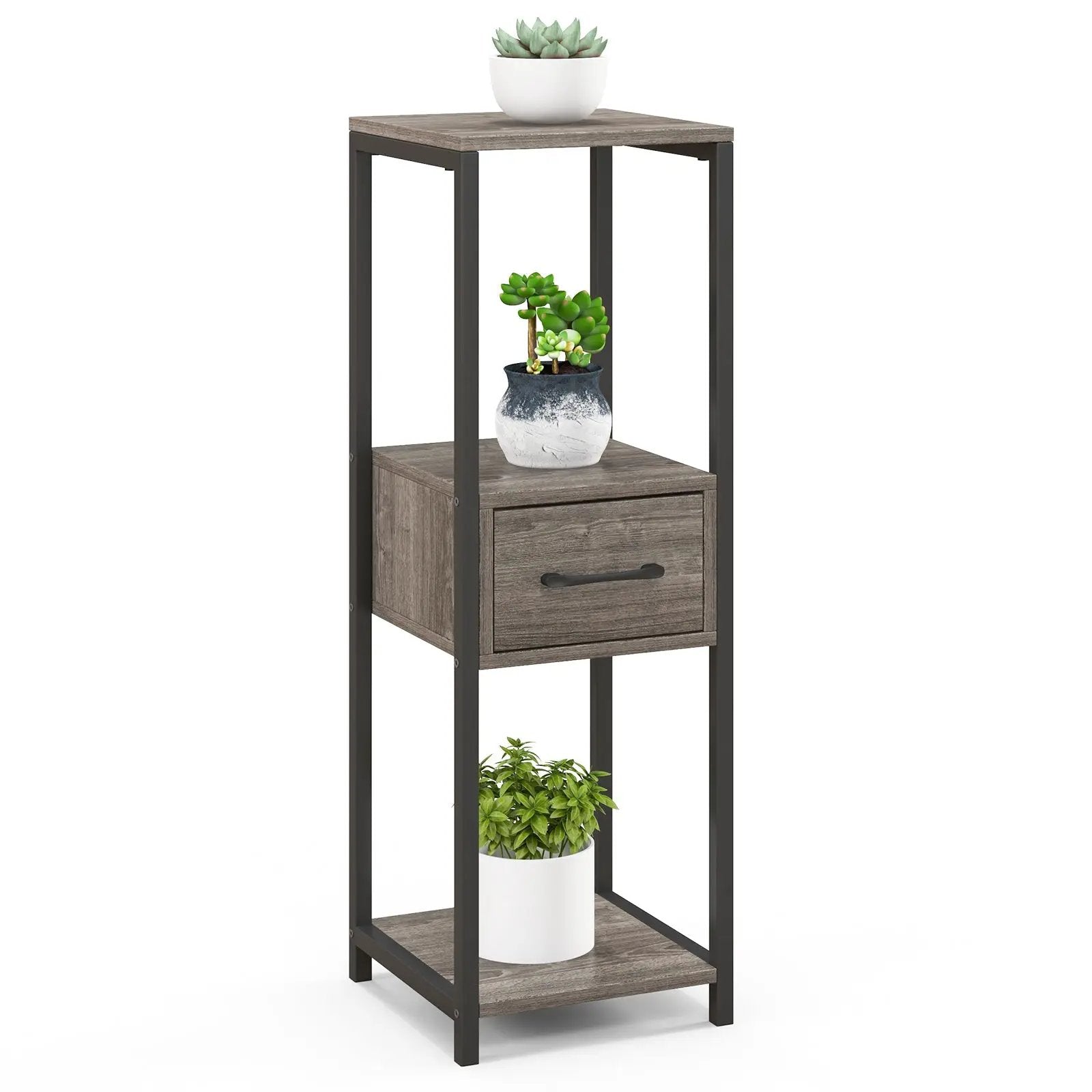 3 Tier Tall Metal Plant Stand with Drawer for Balcony Office-Gray by DirectDeals