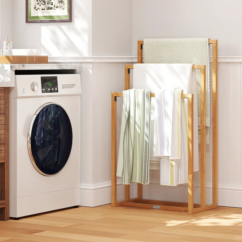 3-Tier Teak Wood Towel Rack with 3 Hanging Crossbars by DirectDeals