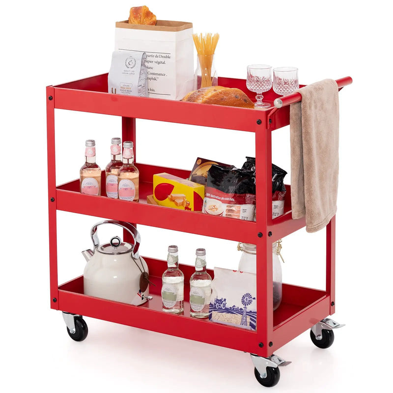3-Tier Utility Cart Rolling Metal Cart with Handle and Universal Wheels by DirectDeals