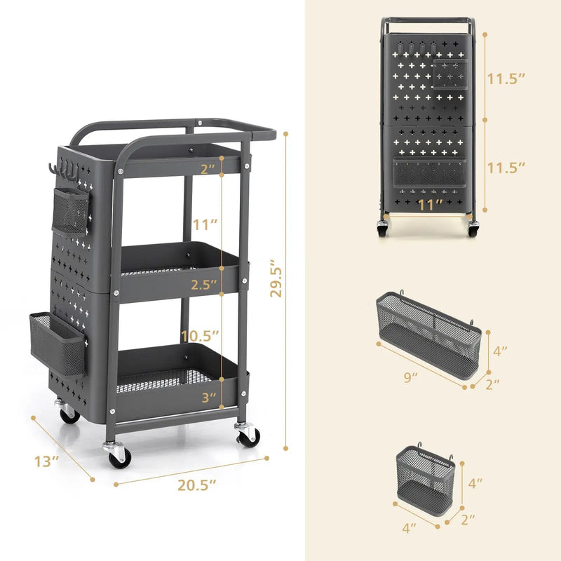 3-Tier Utility Storage Cart with DIY Pegboard Baskets by DirectDeals