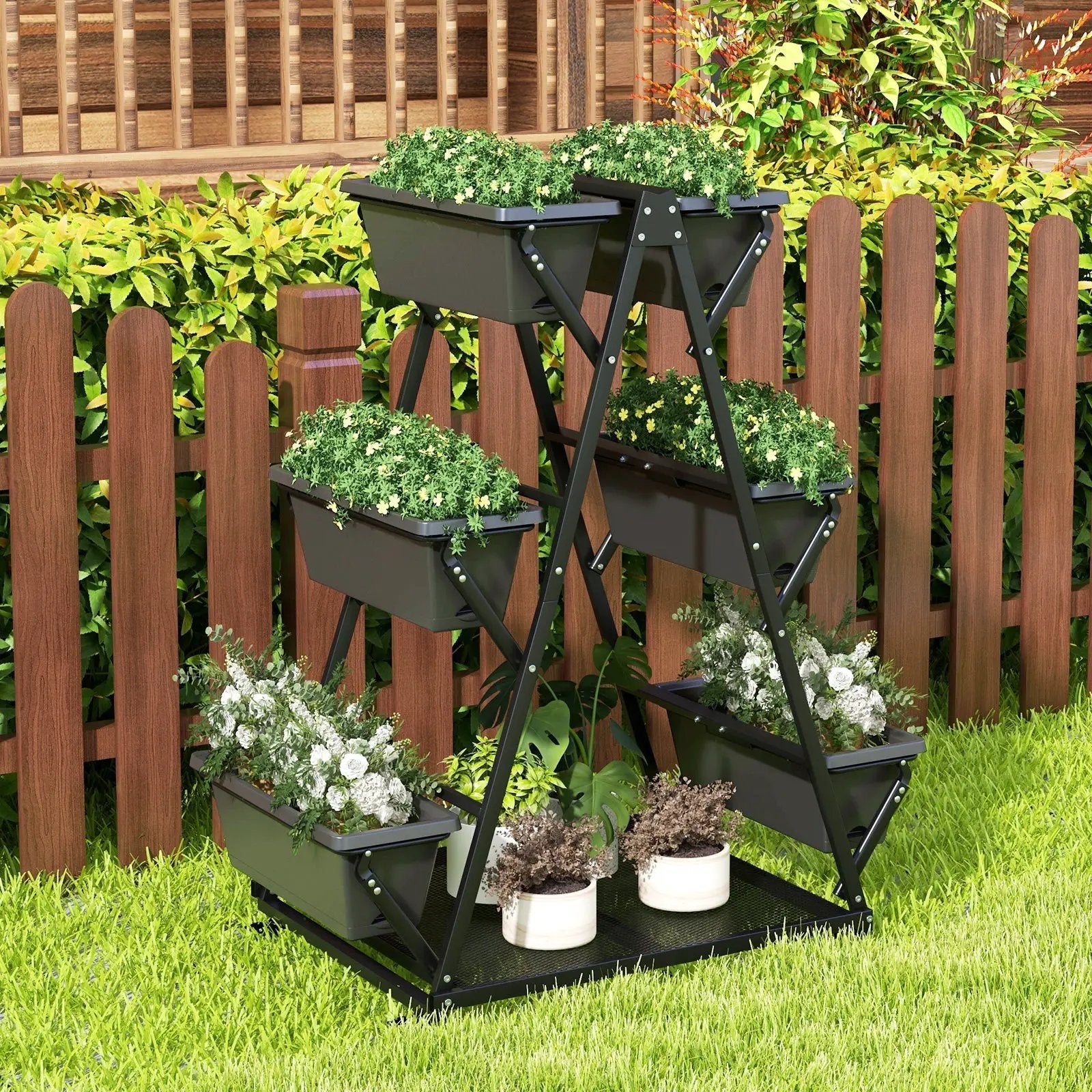 3-Tier Vertical Raised Garden Bed with 4 Wheels and 6 Container Boxes-Black by DirectDeals