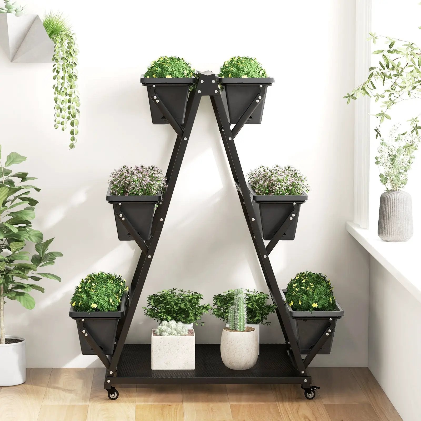 3-Tier Vertical Raised Garden Bed with 4 Wheels and 6 Container Boxes-Black by DirectDeals