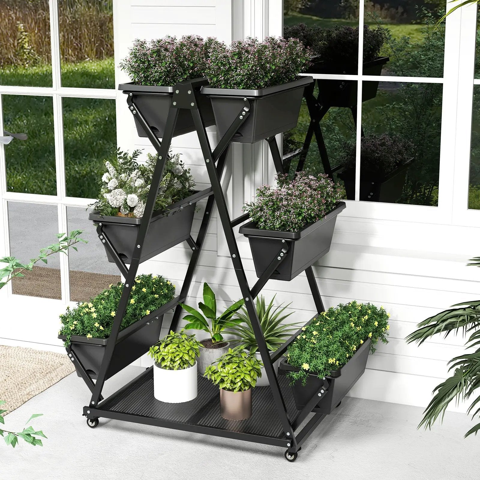 3-Tier Vertical Raised Garden Bed with 4 Wheels and 6 Container Boxes-Black by DirectDeals