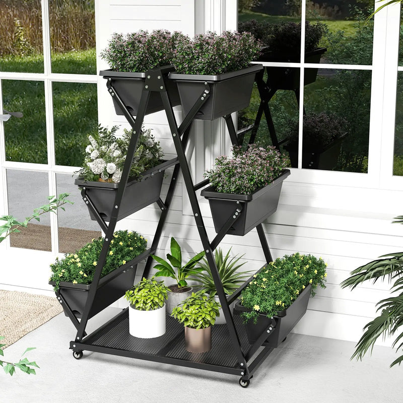 3-Tier Vertical Raised Garden Bed with 4 Wheels and 6 Container Boxes-Black by DirectDeals