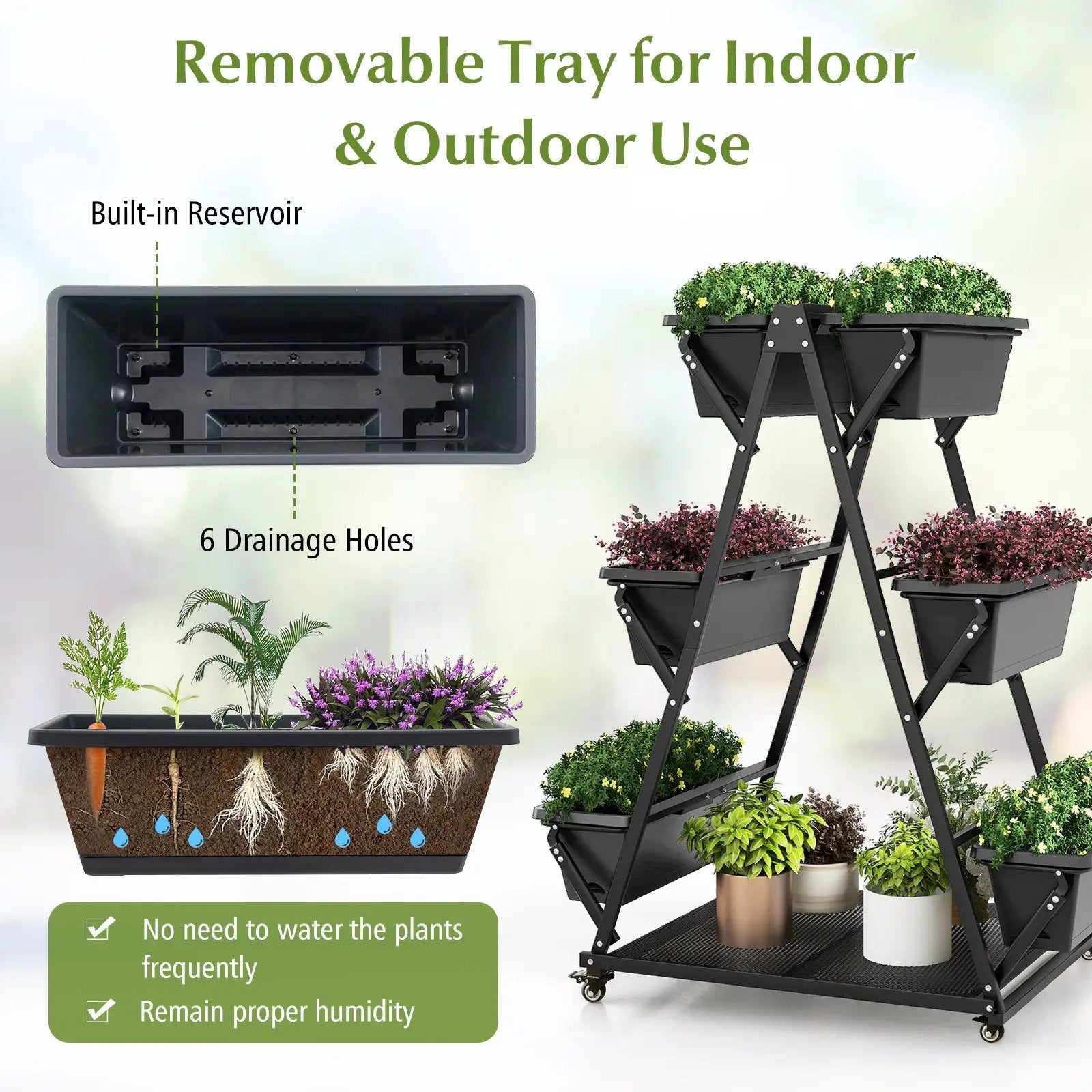 3-Tier Vertical Raised Garden Bed with 4 Wheels and 6 Container Boxes-Black by DirectDeals