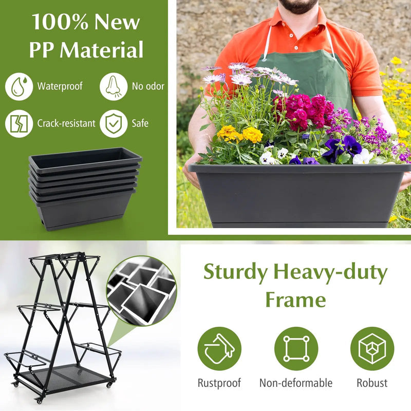 3-Tier Vertical Raised Garden Bed with 4 Wheels and 6 Container Boxes-Black by DirectDeals