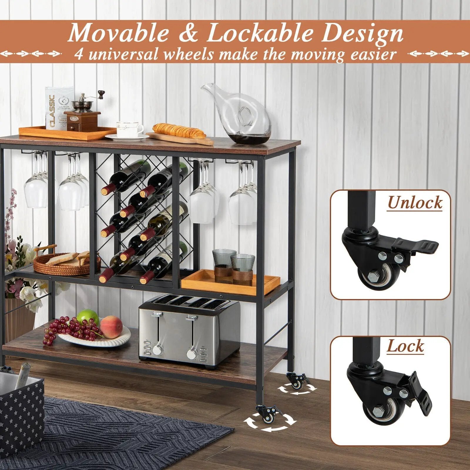 3-Tier Wine Bar Cabinet wit 8 Bottles Rack and 12 Glasses Hanger-Rustic Brown by DirectDeals