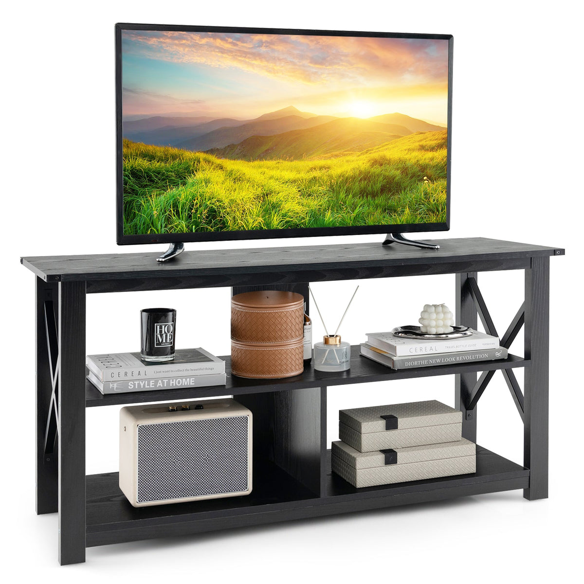 3 Tier Wood TV Stand for 55-Inch with Open Shelves and X-Shaped Frame, photo 10 of 11