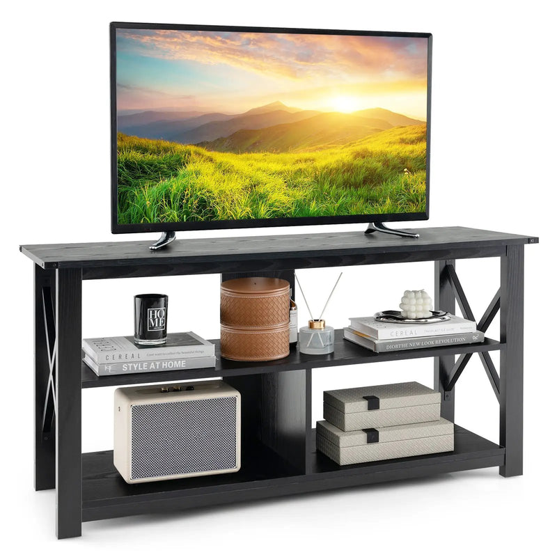 3 Tier Wood TV Stand for 55-Inch with Open Shelves and X-Shaped Frame by DirectDeals