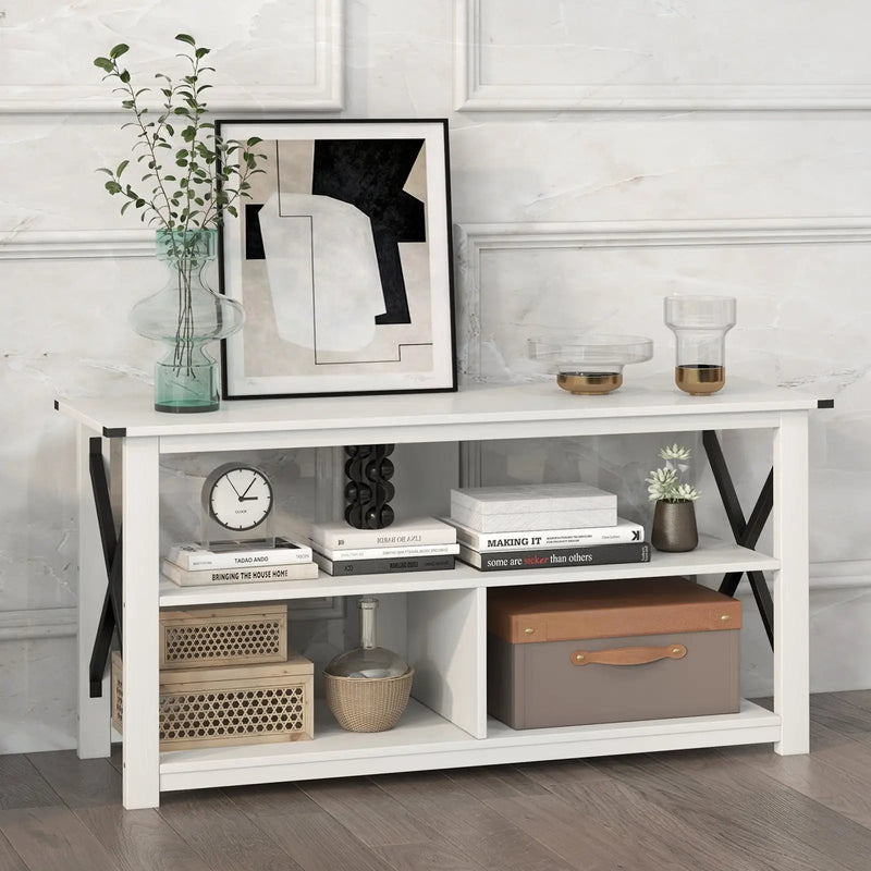 3 Tier Wood TV Stand for 55-Inch with Open Shelves and X-Shaped Frame by DirectDeals