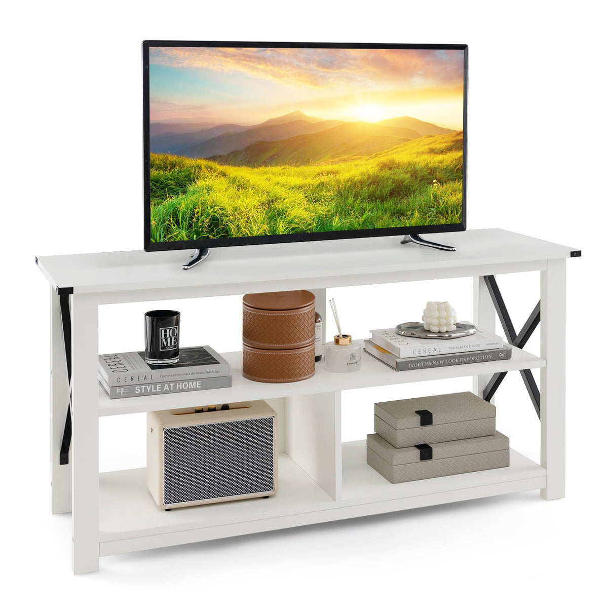 3 Tier Wood TV Stand for 55-Inch with Open Shelves and X-Shaped Frame, photo 3 of 11
