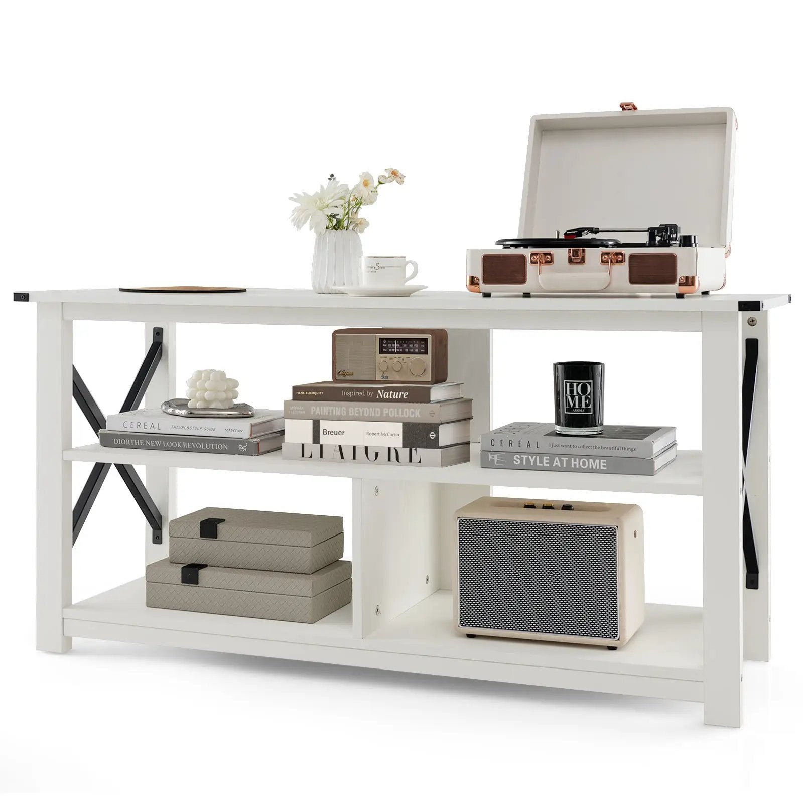 3 Tier Wood TV Stand for 55-Inch with Open Shelves and X-Shaped Frame by DirectDeals