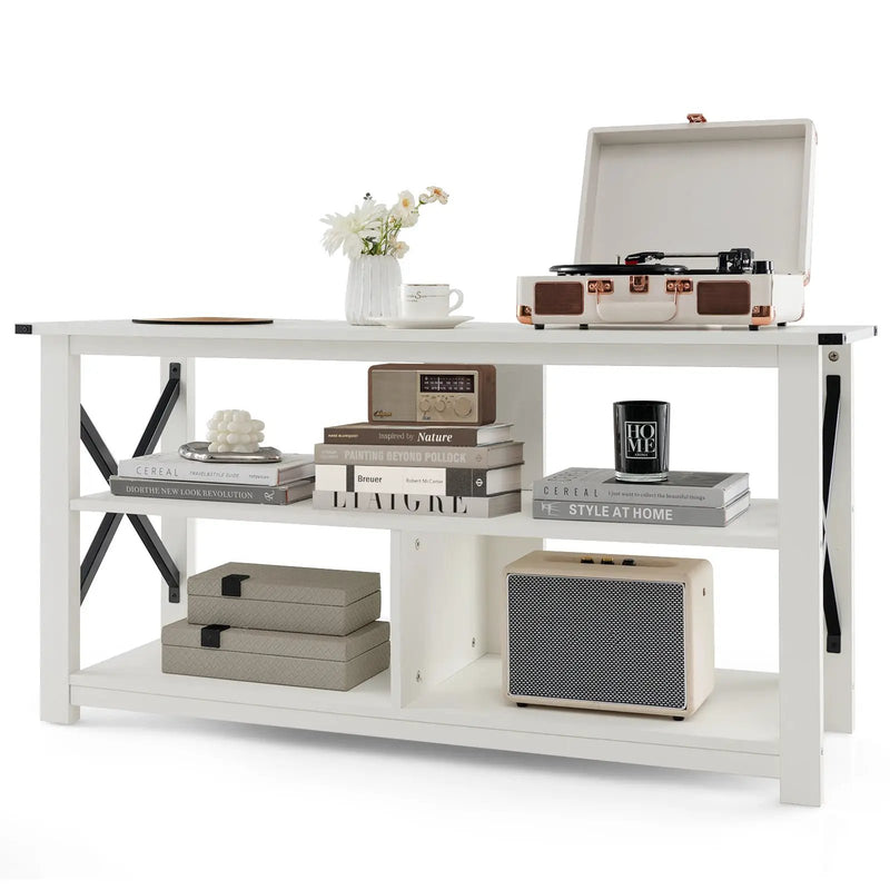 3 Tier Wood TV Stand for 55-Inch with Open Shelves and X-Shaped Frame by DirectDeals