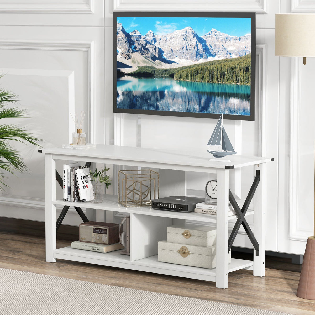 3 Tier Wood TV Stand for 55-Inch with Open Shelves and X-Shaped Frame, photo 6 of 11