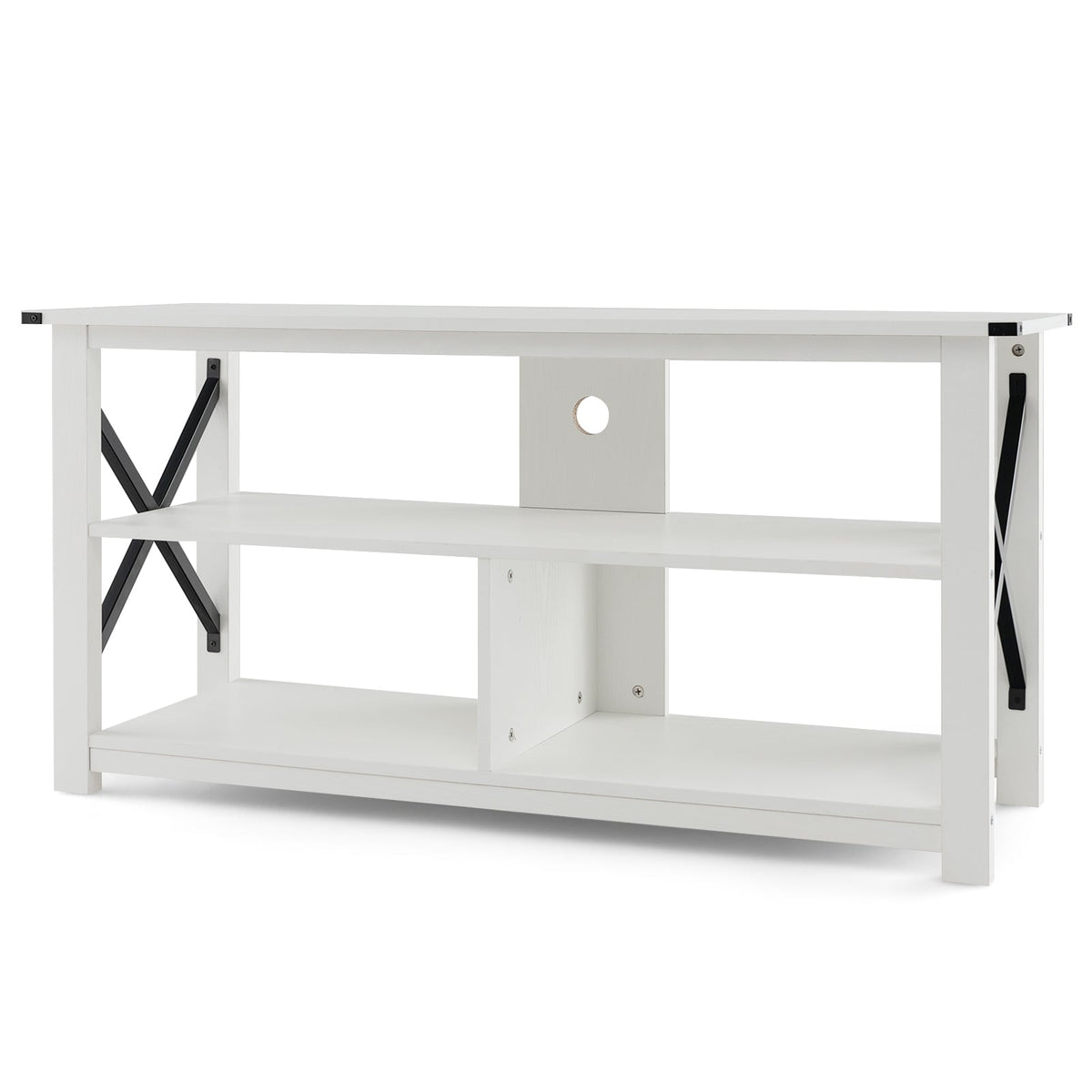 3 Tier Wood TV Stand for 55-Inch with Open Shelves and X-Shaped Frame, photo 7 of 11