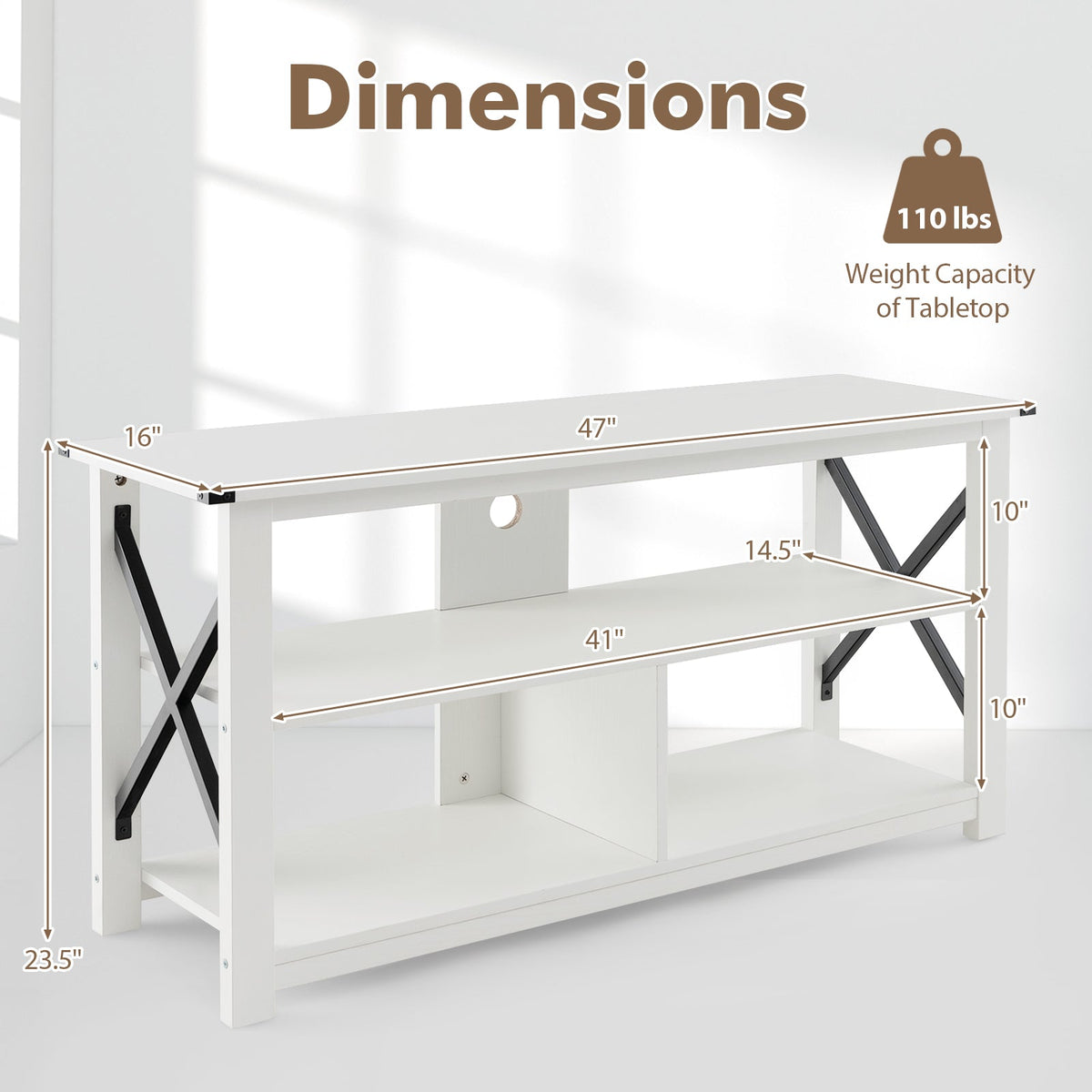 3 Tier Wood TV Stand for 55-Inch with Open Shelves and X-Shaped Frame, photo 5 of 11