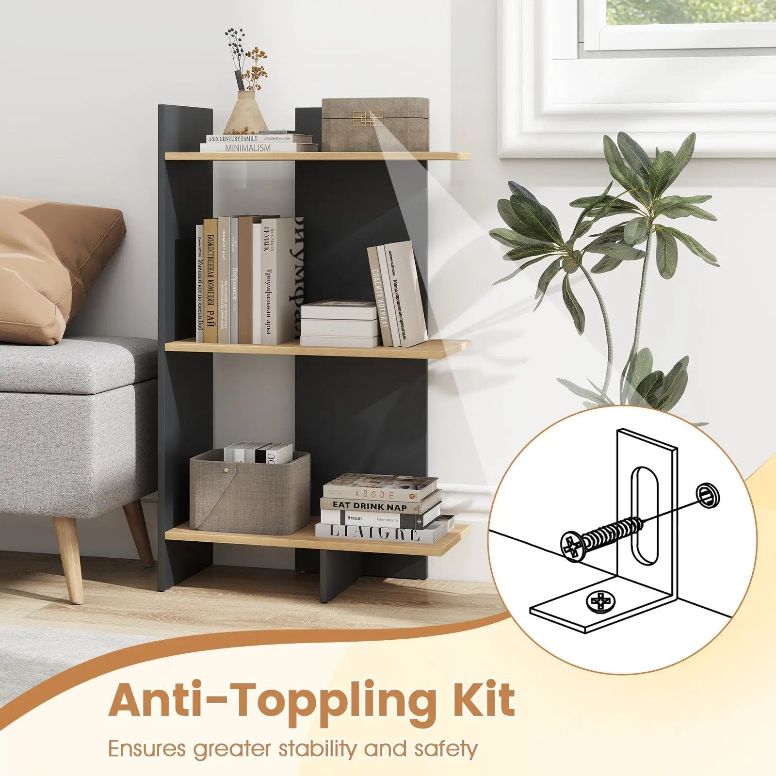 3 Tier Wooden Bookshelf with Anti-Tipping Kit by DirectDeals