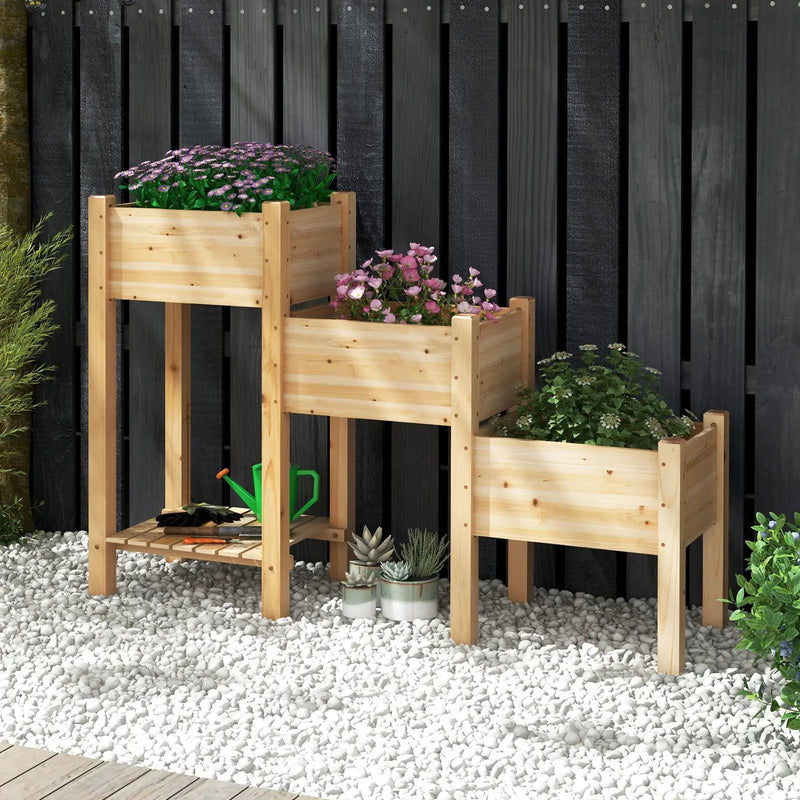 3-Tier Wooden Raised Garden Bed with Open Storage Shelf-Natural by DirectDeals