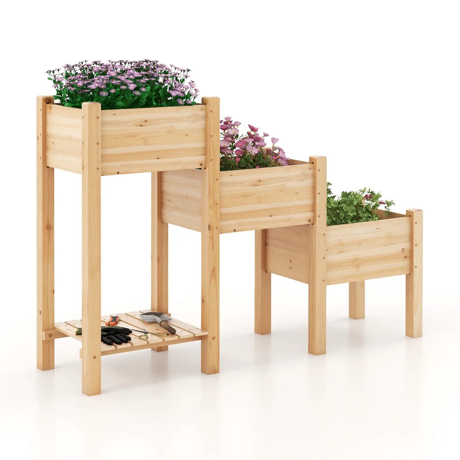 3-Tier Wooden Raised Garden Bed with Open Storage Shelf-Natural by DirectDeals