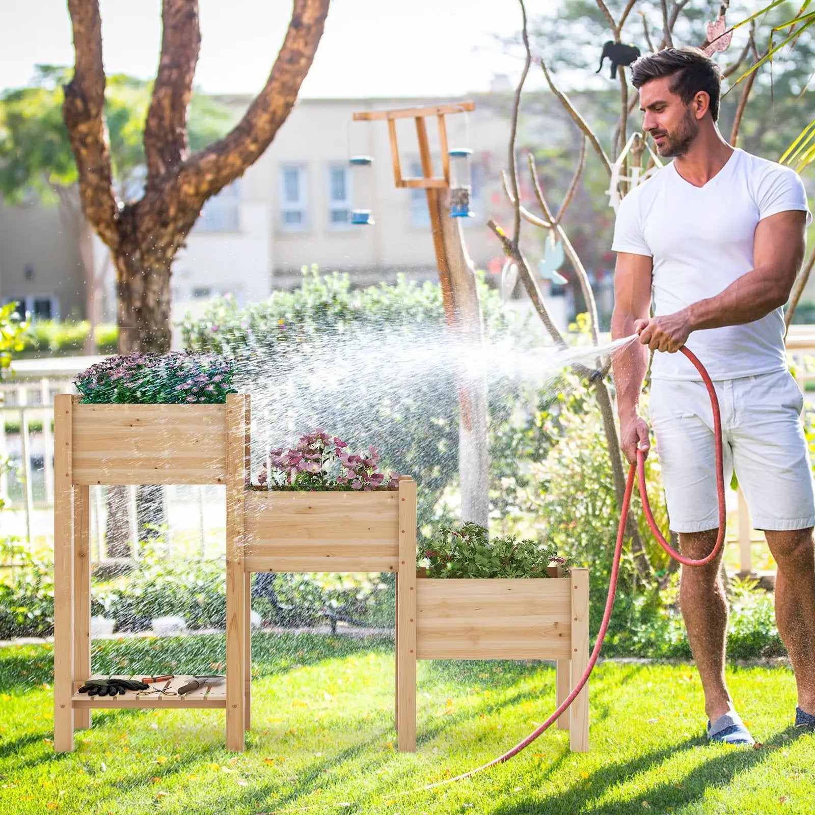 3-Tier Wooden Raised Garden Bed with Open Storage Shelf-Natural by DirectDeals
