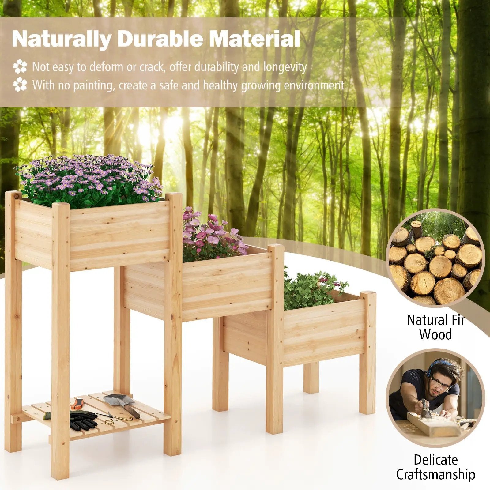 3-Tier Wooden Raised Garden Bed with Open Storage Shelf-Natural by DirectDeals