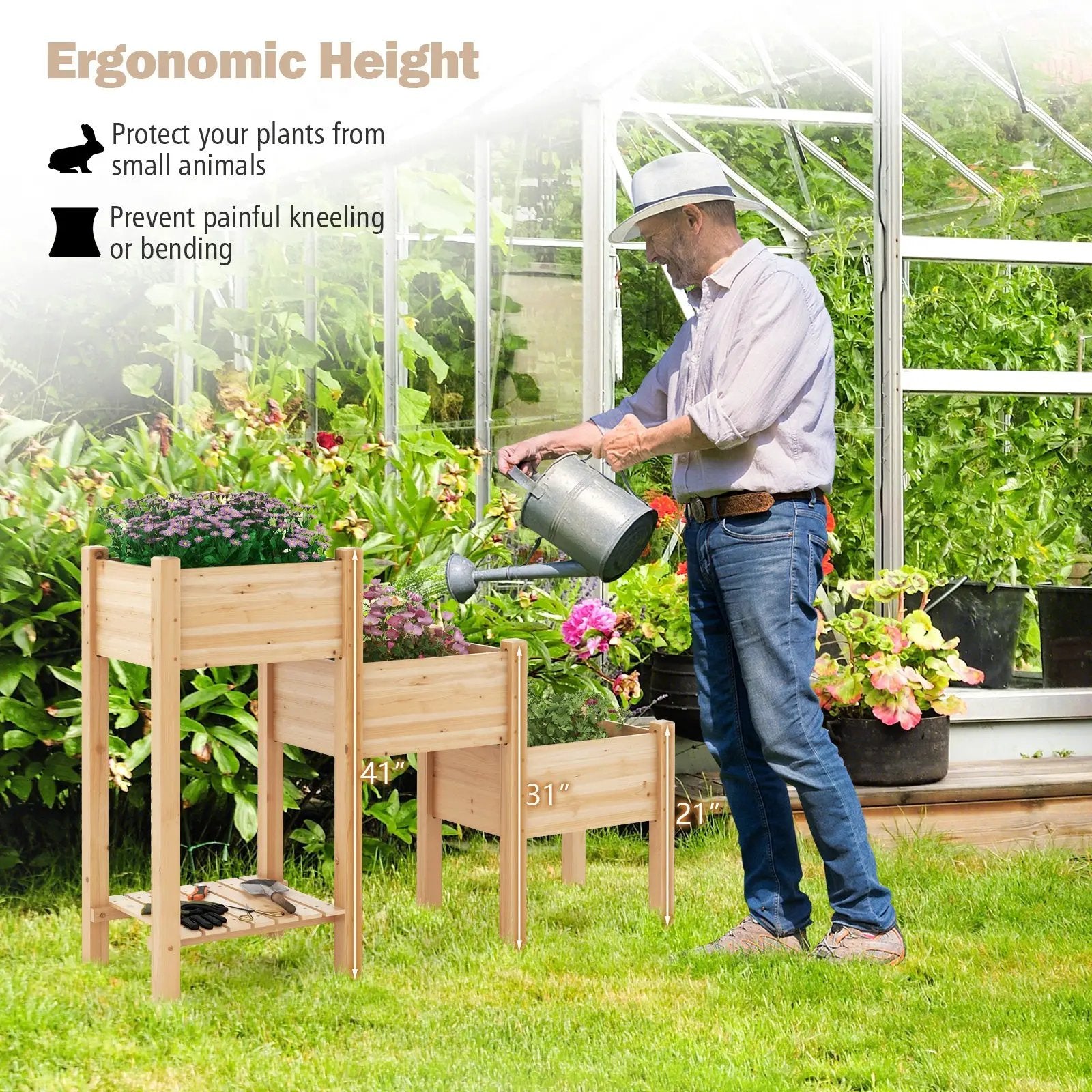 3-Tier Wooden Raised Garden Bed with Open Storage Shelf-Natural by DirectDeals