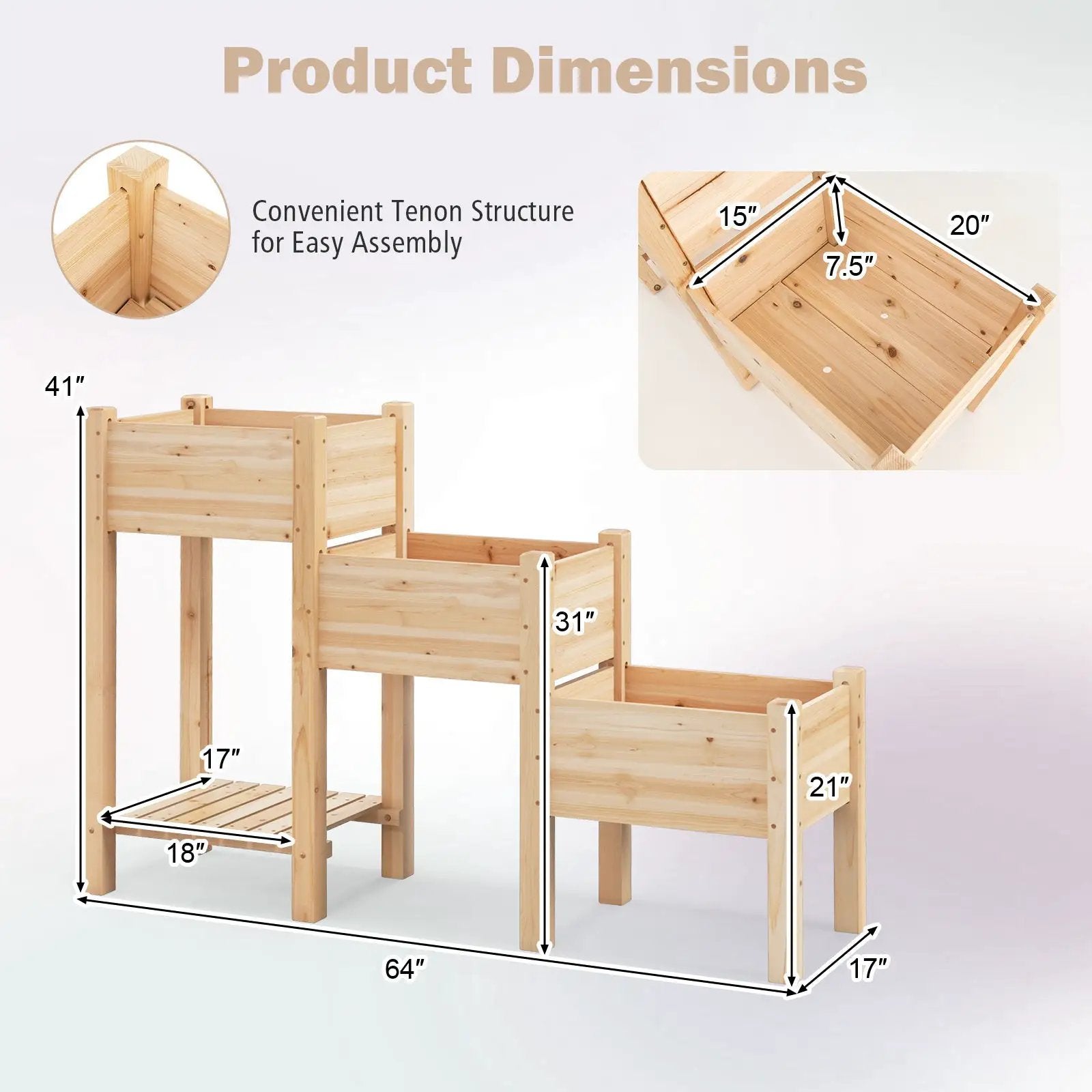 3-Tier Wooden Raised Garden Bed with Open Storage Shelf-Natural by DirectDeals