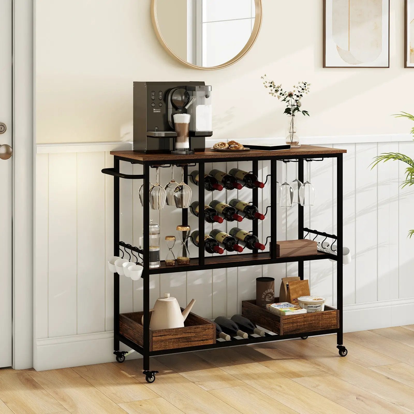 3 Tiers Bar Cart on Wheels with Glass Racks by DirectDeals