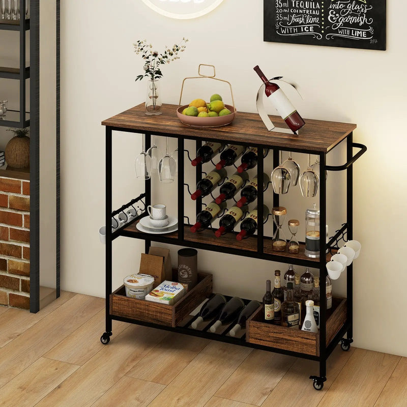 3 Tiers Bar Cart on Wheels with Glass Racks by DirectDeals