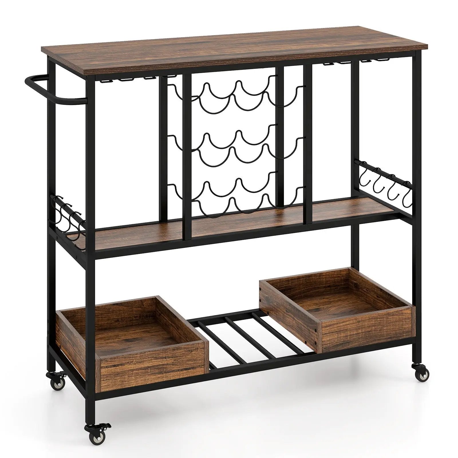 3 Tiers Bar Cart on Wheels with Glass Racks by DirectDeals