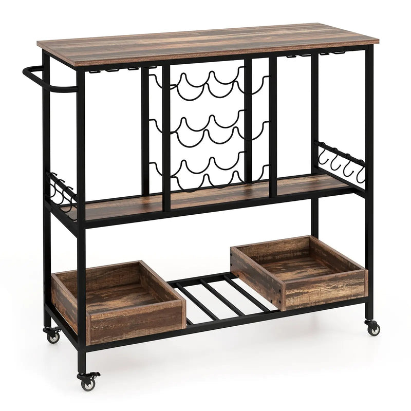 3 Tiers Bar Cart on Wheels with Glass Racks by DirectDeals