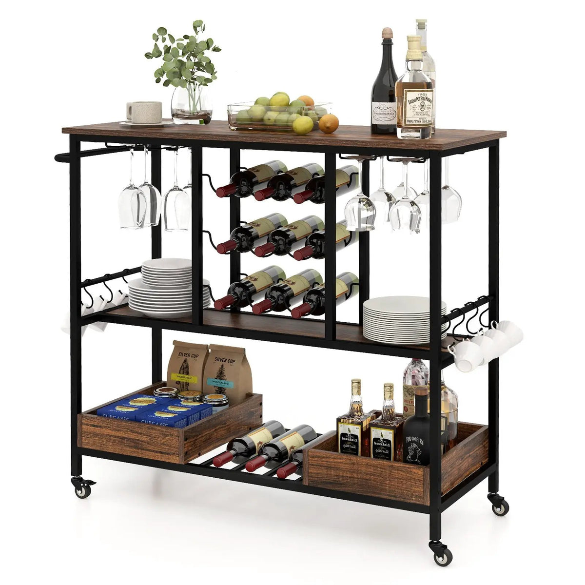 3 Tiers Bar Cart on Wheels with Glass Racks, photo 4 of 9