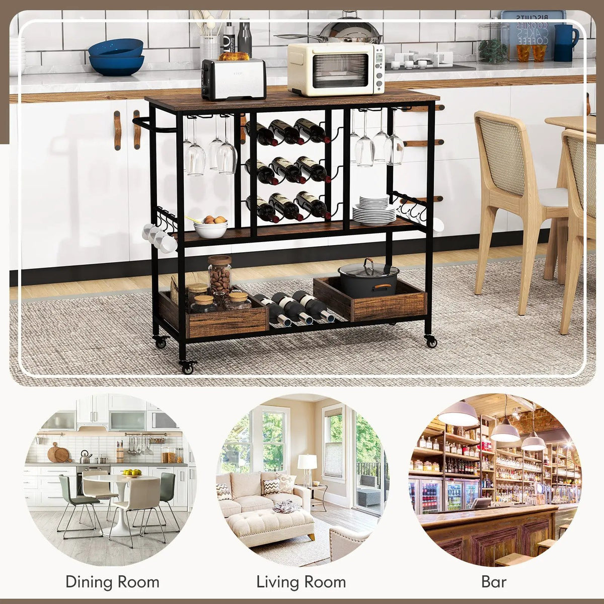3 Tiers Bar Cart on Wheels with Glass Racks, photo 6 of 9