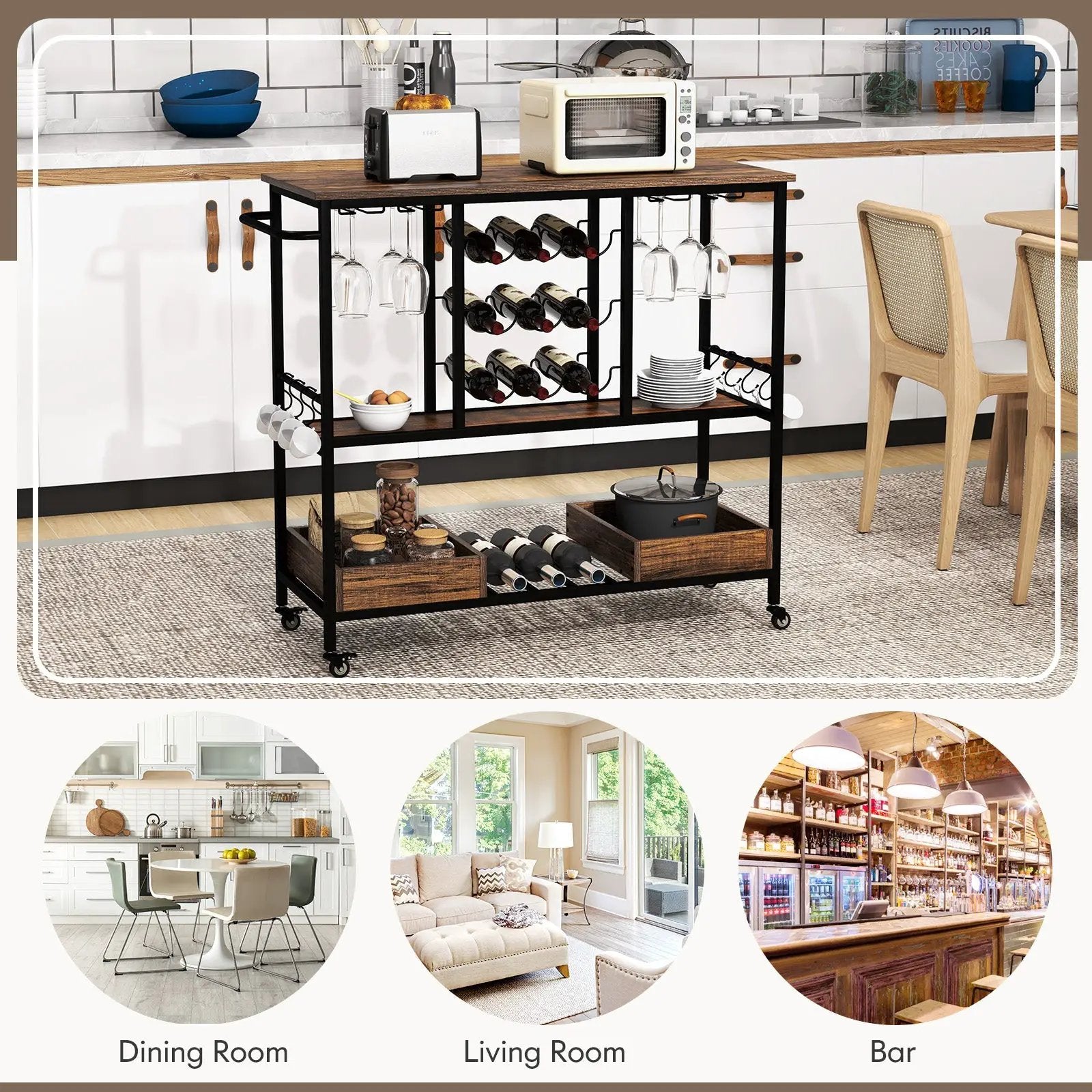3 Tiers Bar Cart on Wheels with Glass Racks by DirectDeals
