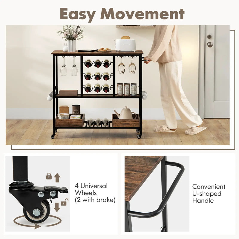3 Tiers Bar Cart on Wheels with Glass Racks by DirectDeals