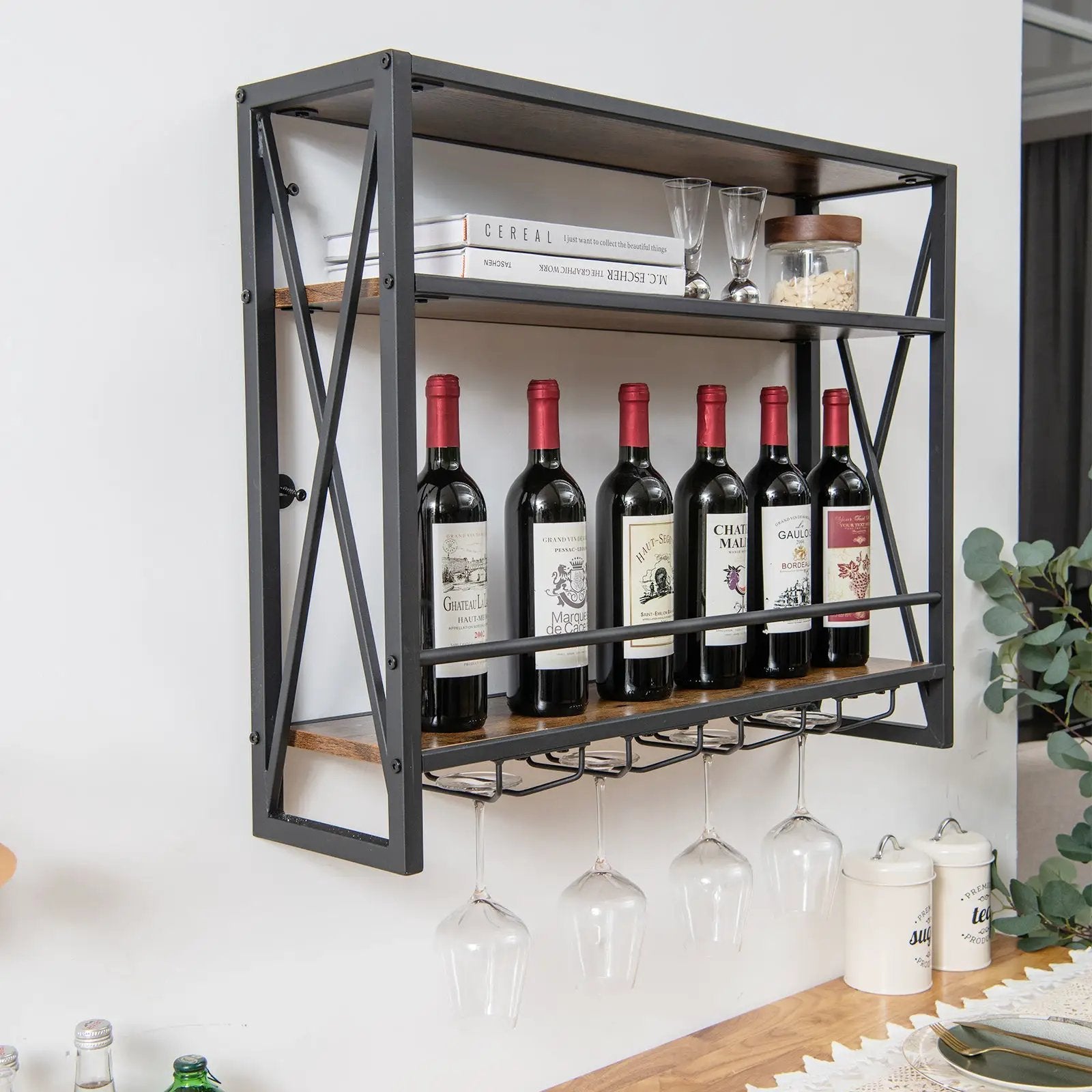 3-Tiers Industrial Wall Mounted Wine Rack with Glass Holder and Metal Frame by DirectDeals
